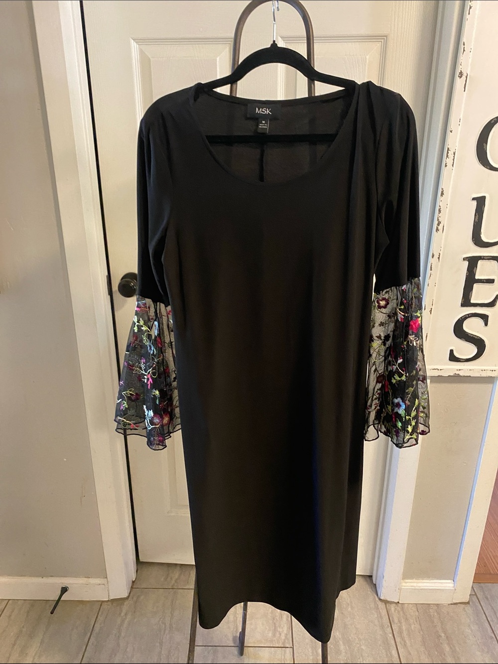 MSK Black Shift Dress with Embroidered Sheer Bell Sleeves size M